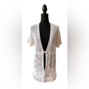 Christopher & Banks: White Knitted Cardigan Sweater with Fringe Trim
